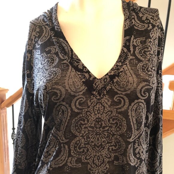 Marika Balance Collection Hooded Paisley Print VNeck CoverUp Tunic Top Blk+Gry M - Picture 2 of 4